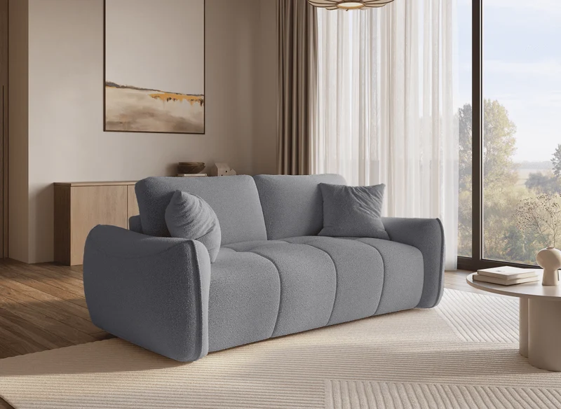 Canapé fixe 3 places en tissu bouclette gris EZRA
