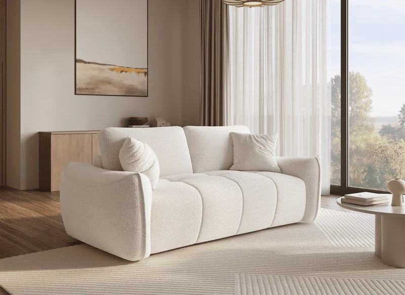 Canapé fixe 3 places en tissu bouclette beige EZRA