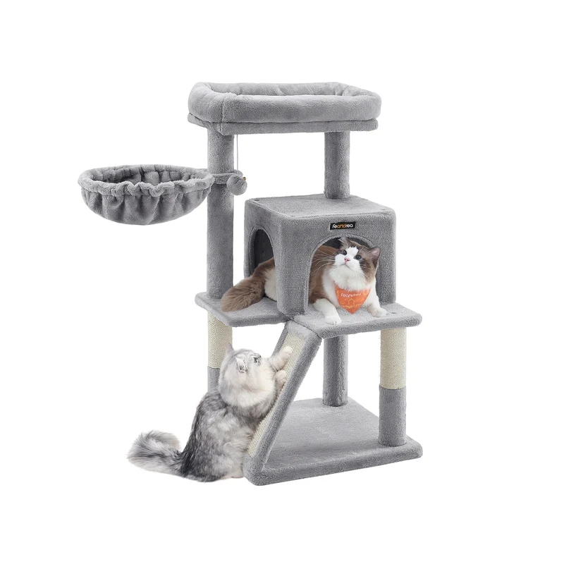 Arbre à chat avec planche à gratter hamac et grotte 48 x 48 x 96 cm en aggloméré gris clair