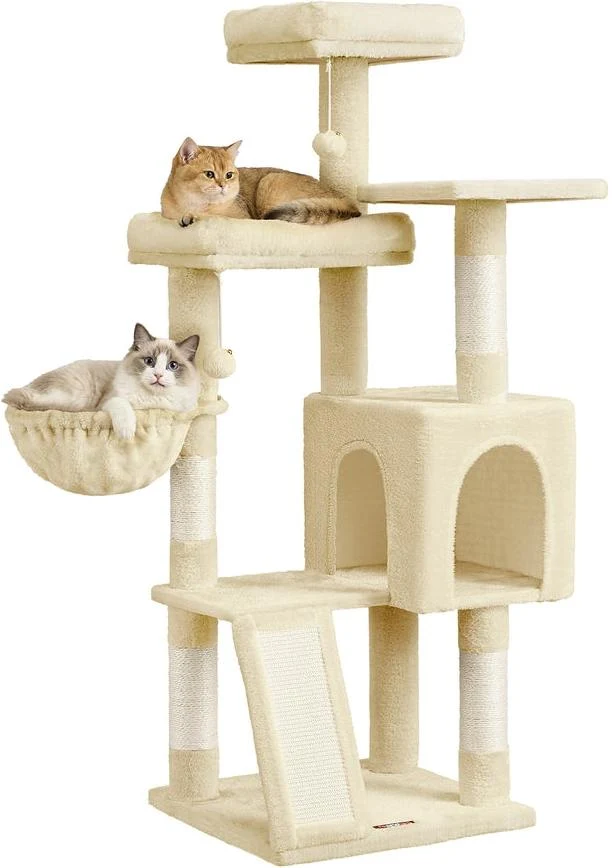 Arbre à chat tour avec poteaux à griffer 48 x 48 x 136 cm 3 plateformes 1 niche 1 panier en sisal beige sable 12_0013032