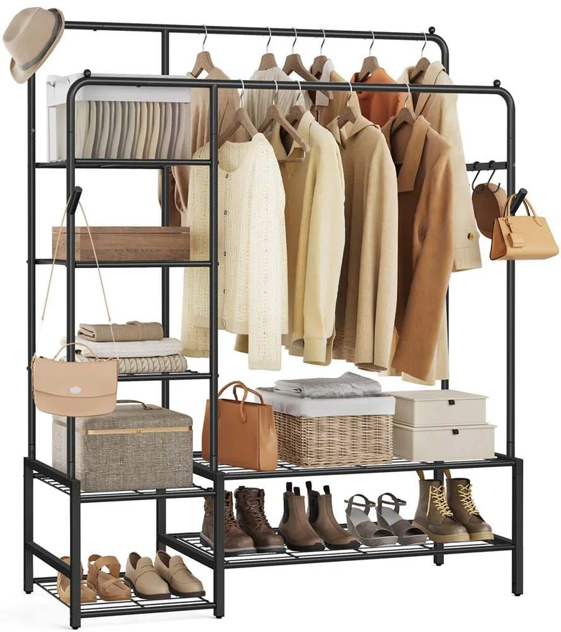 Portant à vêtements ouvert avec 7 étagères pour chambre salon entrée 45 x 115,8 x 172,8 cm en acier noir 12_0012909
