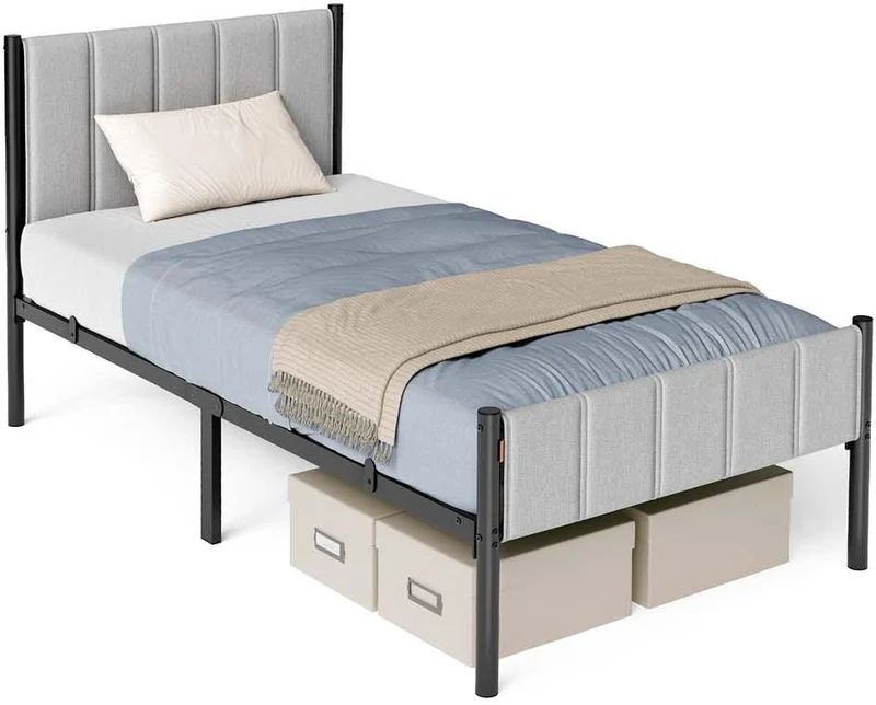 Lit simple avec tête de lit rembourrée 90 x 190 cm montage facile design moderne en acier gris 12_0012514