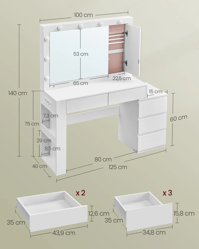 Coiffeuse moderne avec éclairage LED et miroir 40 x 125 x 140 cm ambiance chic en panneaux d’aggloméré blanc 12_0012997