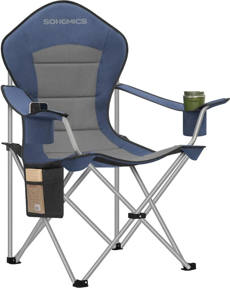 Chaise pliante de camping large dossier haut 61 x 93 x 108 cm assise ergonomique avec porte-gobelet en acier bleu 12_0012613