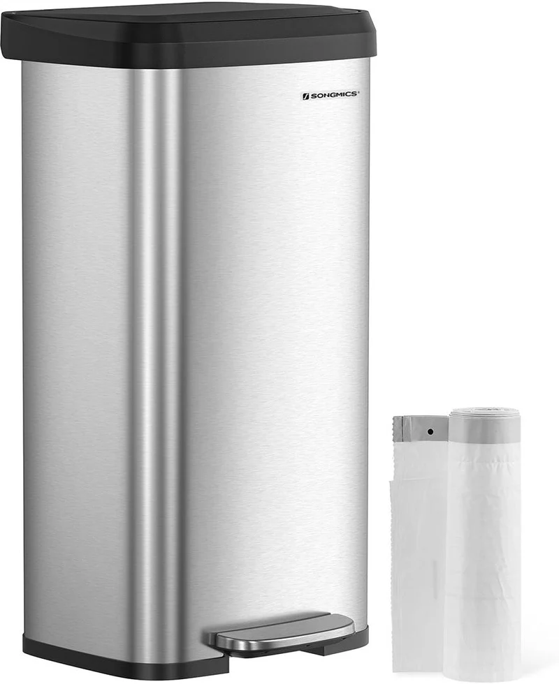 Poubelle de cuisine à pédale haute étroite 40,4 x 35,1 x 77,6 cm design moderne capacité 68 l en acier argenté 12_0012009