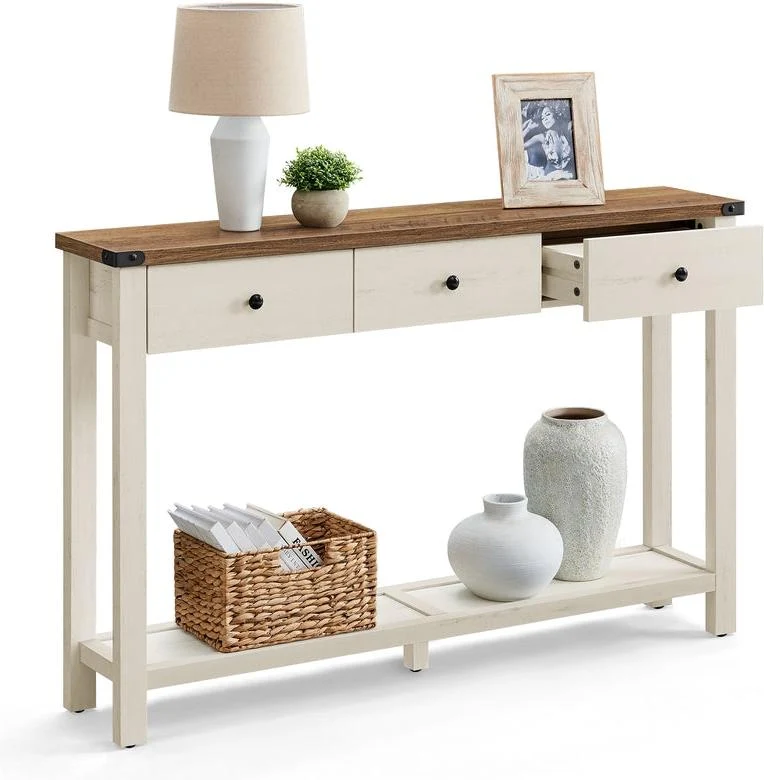 Table console rectangulaire rangement 24 x 120 x 76 cm 3 tiroirs style campagnard finition rustique en MDF blanc 12_0011572