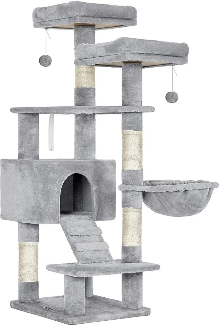 Arbre à chat tour de jeux avec hamac et plateformes 50 x 45 x 142 cm ambiance cosy en aggloméré gris clair 12_0010649