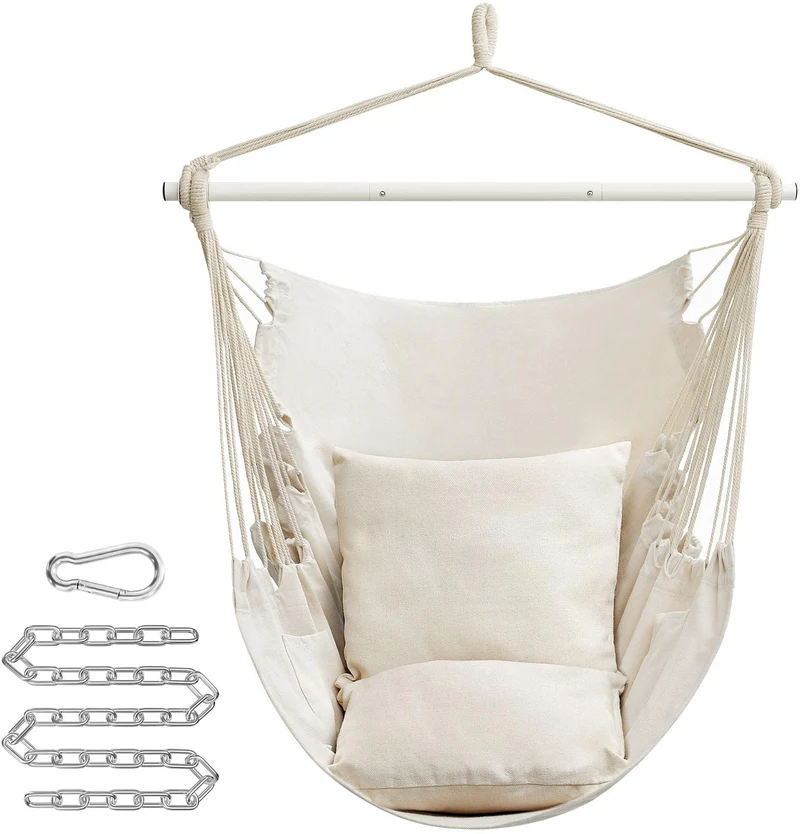 Fauteuil suspendu cocooning intérieur extérieur avec 2 coussins 150 x 128 cm en polyester blanc crème 12_0010572