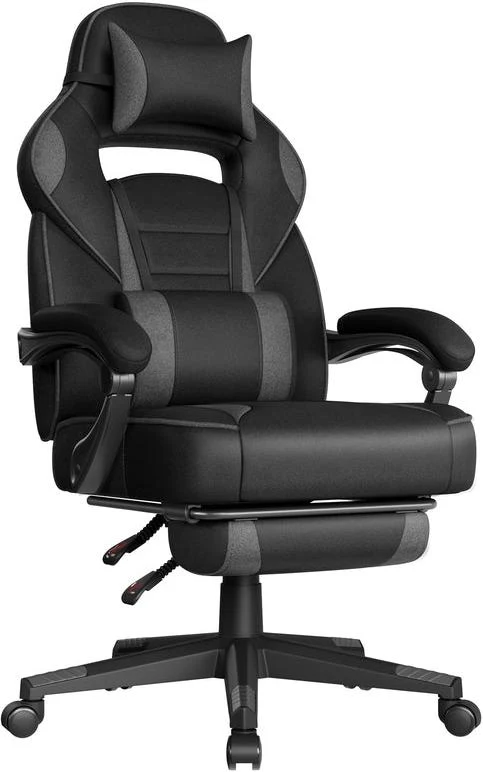 Fauteuil gamer ergonomique réglable avec repose-pieds télescopique 70 x 70 x 122 cm en tissu noir 12_0009378