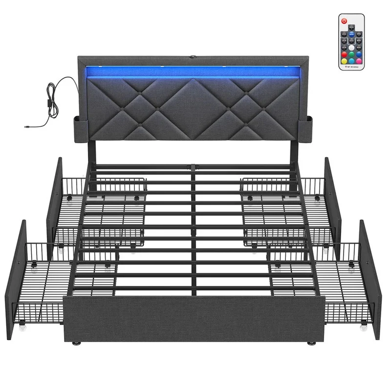 Lit double cadre de lit lit coffre 140 x 190 cm avec led lit en métal 4 tiroirs multiprise tête de lit rembourrée ajustable pas besoin de sommier gris clair et noir mat 12_0006146