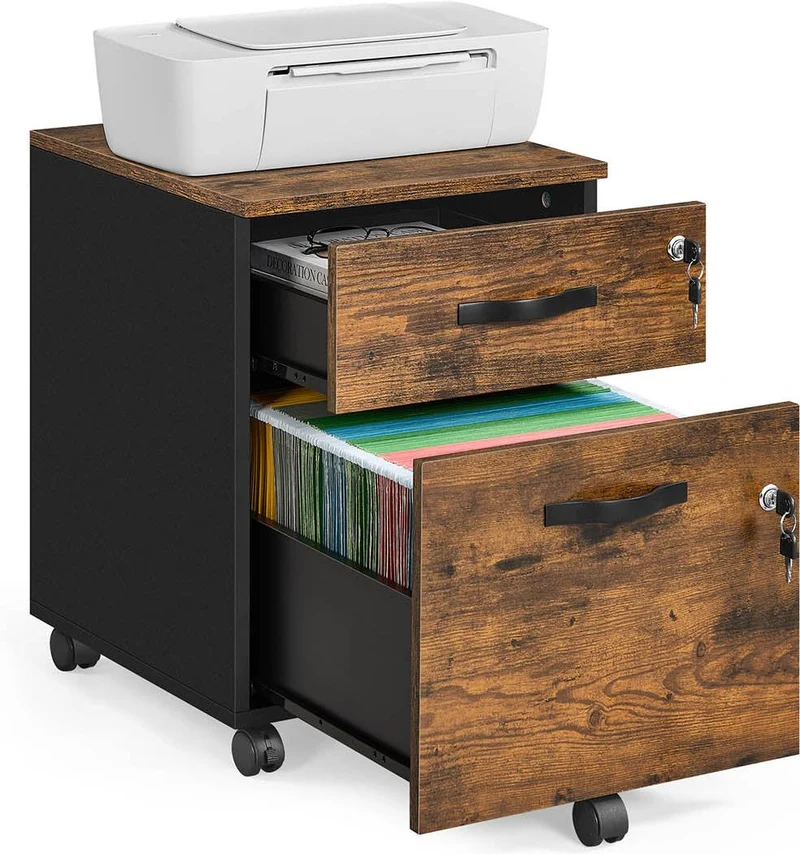 Caisson de bureau à roulettes verrouillable 43,8 x 40 x 54,4 cm pour dossiers A4 style rustique en MDF marron 12_0012908