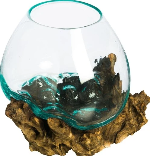Vase en bois et verre soufflé Ø12"
