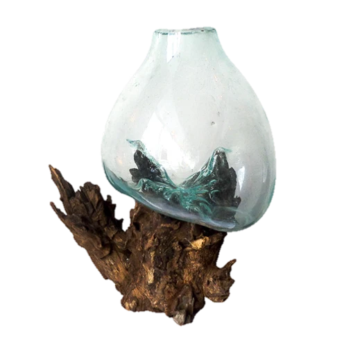 Vase en bois et verre soufflé Ø8"
