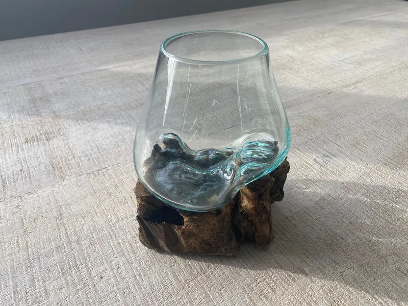 Vase en bois et verre soufflé Ø6"