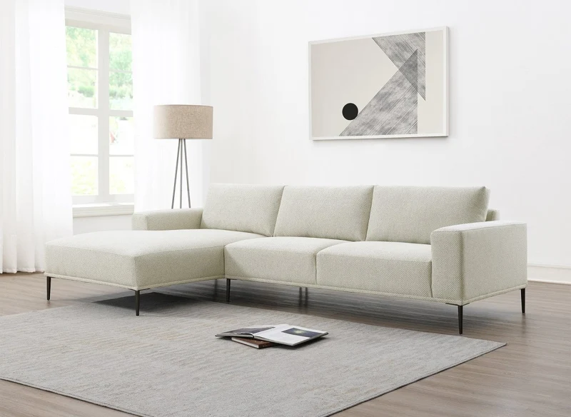 Canapé d'angle fixe avec méridienne en tissu beige ARNOLD - Angle Gauche