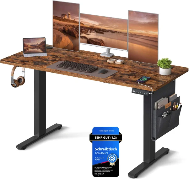 Bureau assis-debout réglable en hauteur 60 x 140 x 72-120 cm avec pochette de rangement style moderne en acier noir 12_0011507