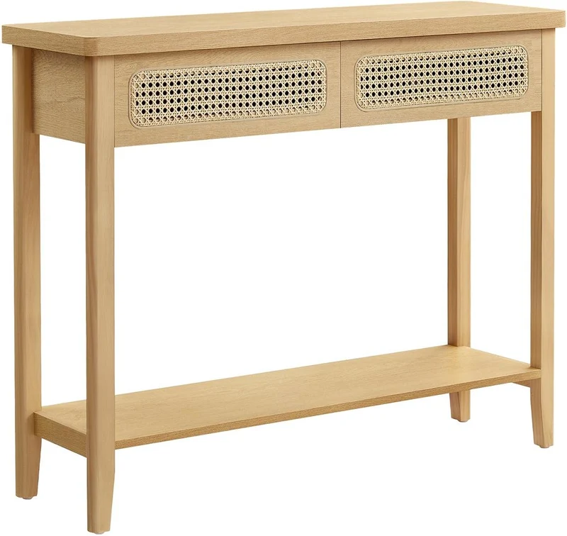 Table console d'entrée avec 2 tiroirs et étagère ouverte coins arrondis 30 x 100 x 80 cm en MDF beige 12_0011098