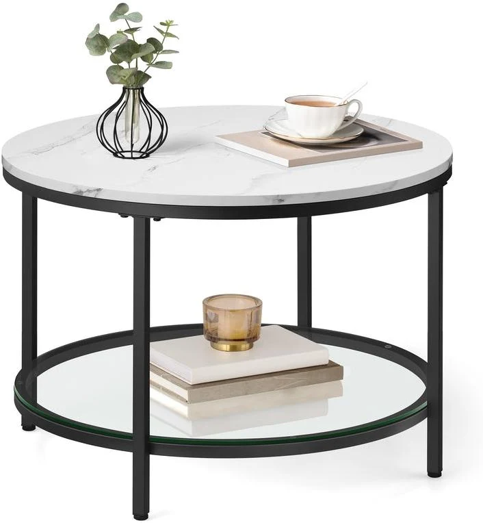 Table basse moderne apéro 65 x 46 cm facile à assembler style contemporain en aggloméré blanc marbré 12_0011461
