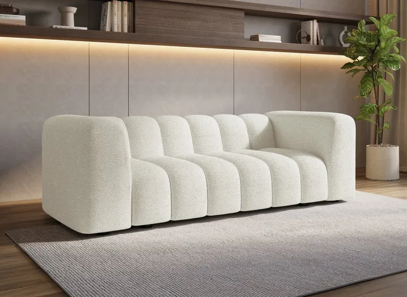 Canapé fixe 3 places en tissu bouclette beige clair AELIS