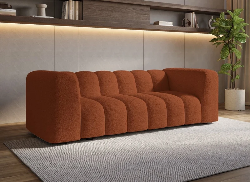 Canapé fixe 3 places en tissu bouclette terracotta AELIS
