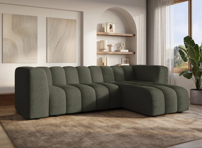 Canapé d'angle réversible en tissu bouclette vert AELIS