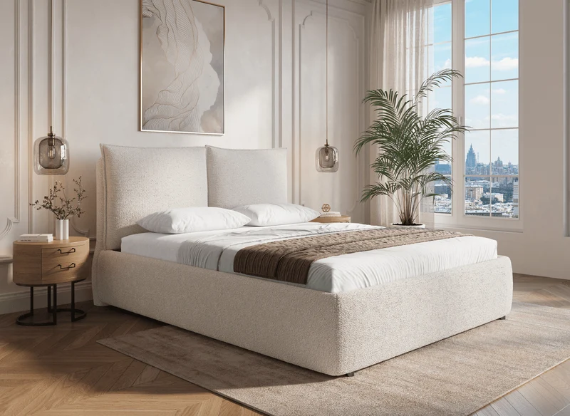 Lit coffre en tissu bouclette beige 160x200 cm MELY