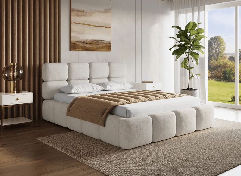 Lit coffre en velours chiné beige 160x200 cm BUBBLE