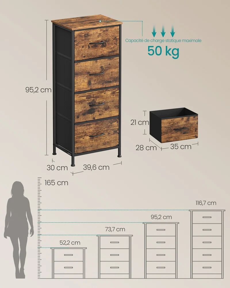 Commode 9 tiroirs rangement entrée ou salon 30 x 39,6 x 95,2 cm style rustique finition mate en MDF marron 12_0012957