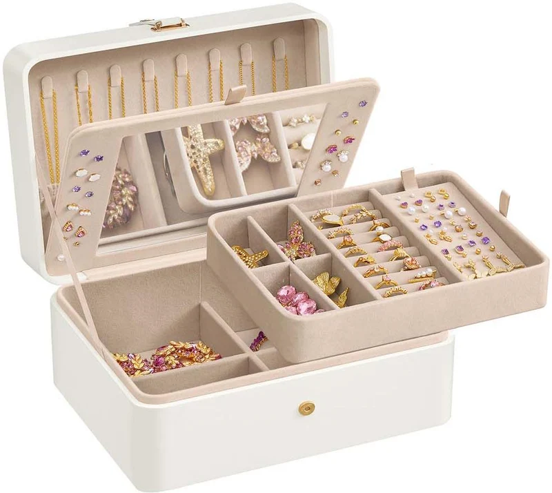 Boîte à bijoux de voyage avec miroir 17,6 x 22 x 11 cm pratique rangement 2 niveaux style moderne en MDF blanc 12_0012888