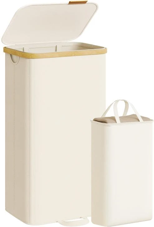 Panier à linge design moderne 42 x 32 x 75 cm avec couvercle amovible pour chambre buanderie en bambou blanc crème 12_0012848
