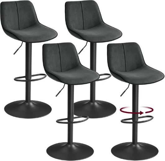 Lot de 4 tabourets de bar pivotants réglables hauteur 49,5 x 45 x 109,5 cm assise ergonomique style moderne en velours gris anthracite 12_0012830