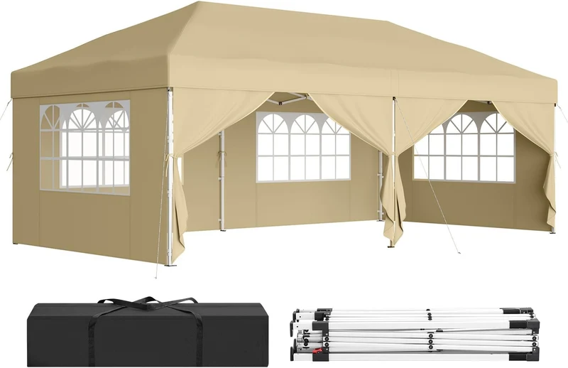 Tonnelle pliable portable avec parois latérales 600 x 300 x 264 cm protection solaire résistante en plastique beige 12_0012821