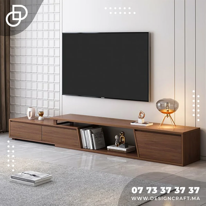 Fero Meuble TV Extensible Bois Noyer avec 3 Tiroirs