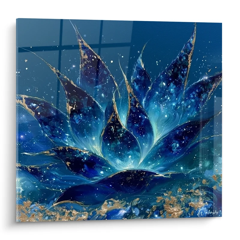 Tableau Aloe vera bleu nuit et doré étoilé - Nuit céleste végétale - Edition Aloe vera