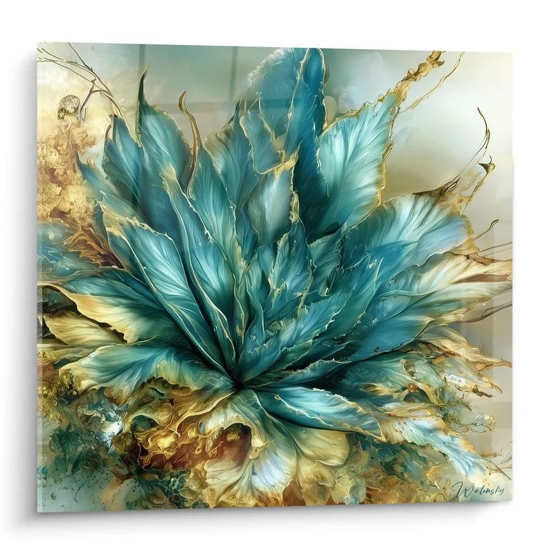 Tableau Aloe vera turquoise et doré éclatant - Éclosion précieuse - Edition Aloe vera