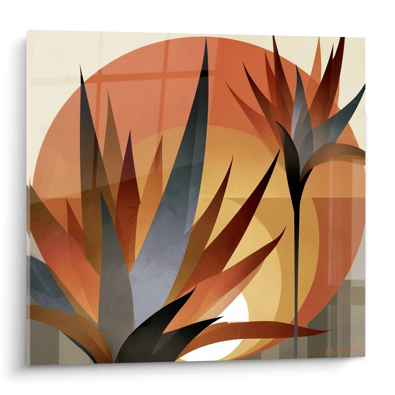 Tableau Aloe vera terracotta et bleu ardoise géométrique - Éveil du désert - Edition Aloe vera