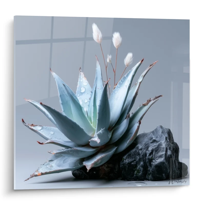 Tableau Aloès bleu pâle et roche anthracite - Rosée matinale - Edition Aloe vera