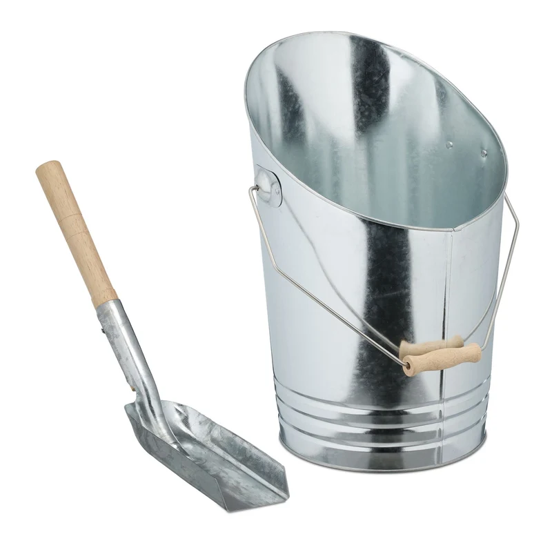 Seau à cendres multifonctionnel cheminée barbecue 10 l avec pelle pratique en fer galvanisé argenté 13_0016739