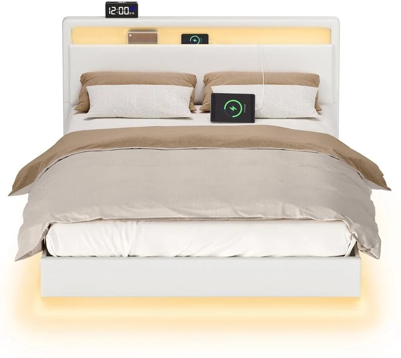 Lit double flottant moderne avec éclairage LED 203 x 147 x 90 cm tête de lit haute style contemporain en PU blanc 12_0012222