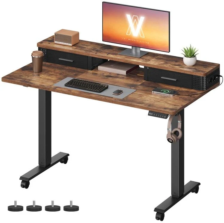 Bureau réglable en hauteur assis-debout 120 x 60 cm fonction mémoire style contemporain en aggloméré marron 12_0011979