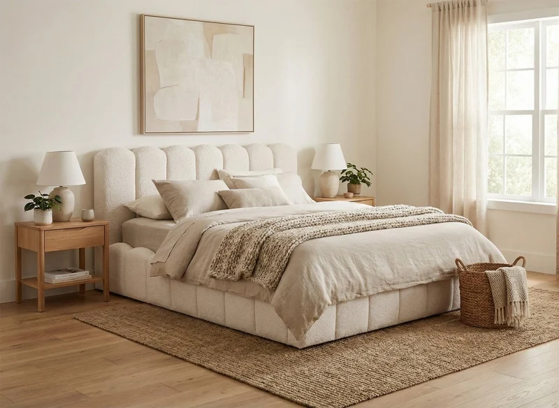 Lit coffre en tissu bouclette beige 160x200 cm RITA
