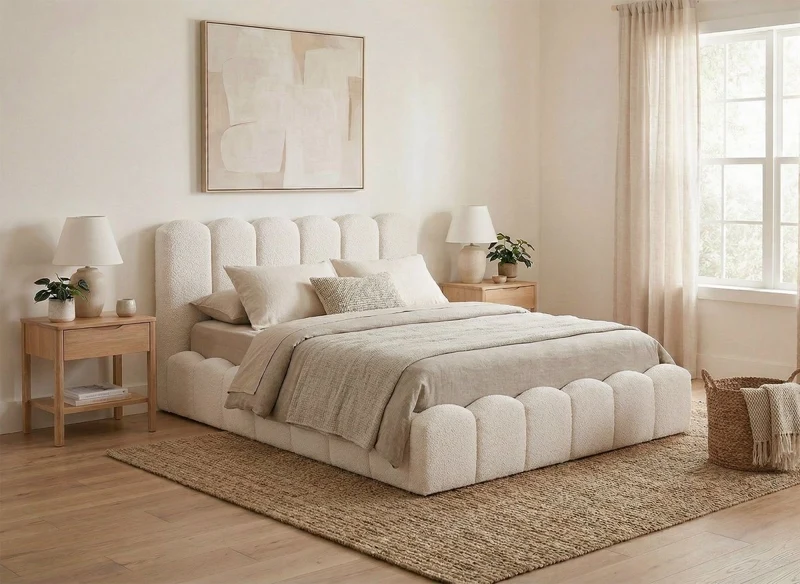 Lit coffre en tissu bouclette beige 140x190 cm RITA