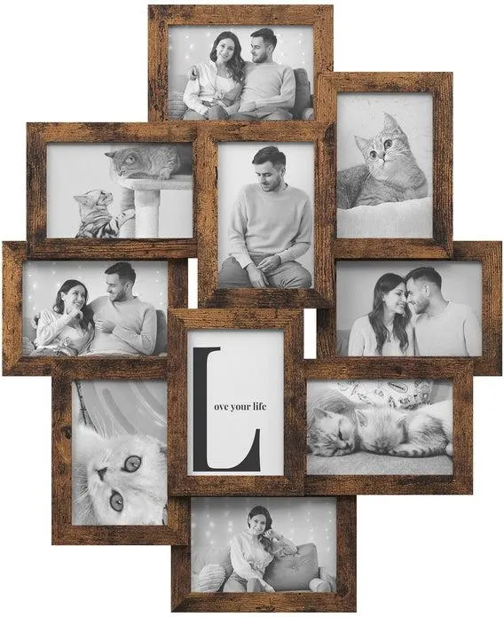 Pêle-mêle mural pour 10 photos 60 x 3,6 x 49,3 cm design contemporain style rustique en MDF noir 12_0009879