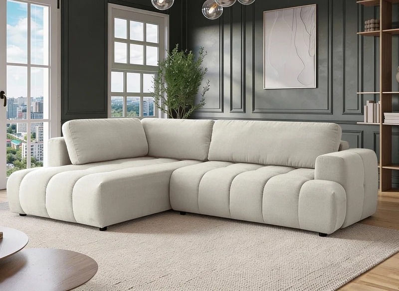 Canapé d'angle convertible avec coffre en tissu beige HAVEN - Angle gauche