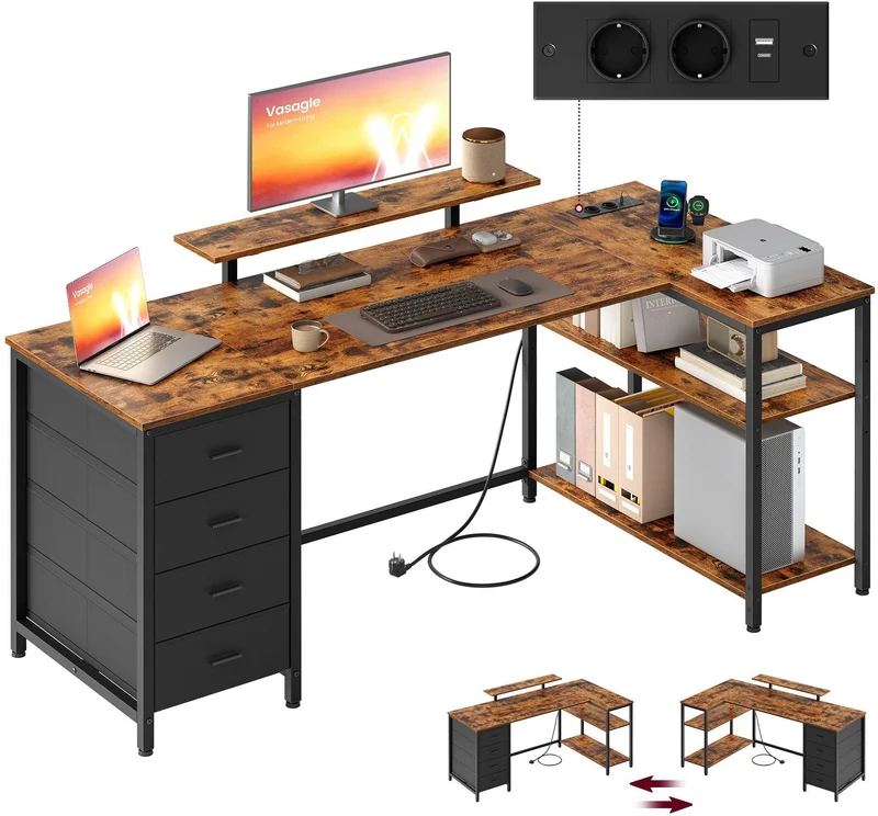 Bureau d'angle en forme de L avec étagères réglables 160 x 80 cm configuration réversible style rustique en aggloméré marron 12_0013121