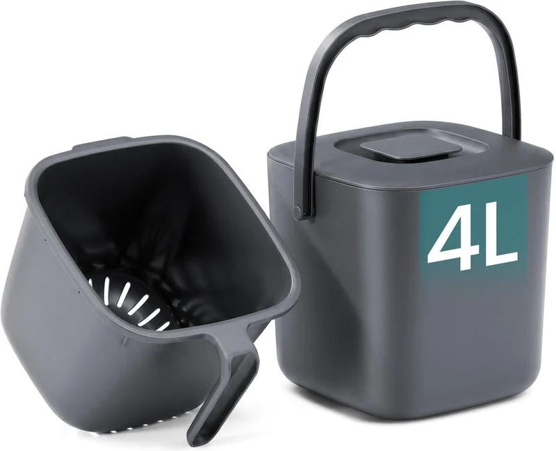 Poubelle de compost intérieure 21 x 20 x 19,5 cm pratique anti-odeur cuisine design épuré en plastique gris 12_0013106