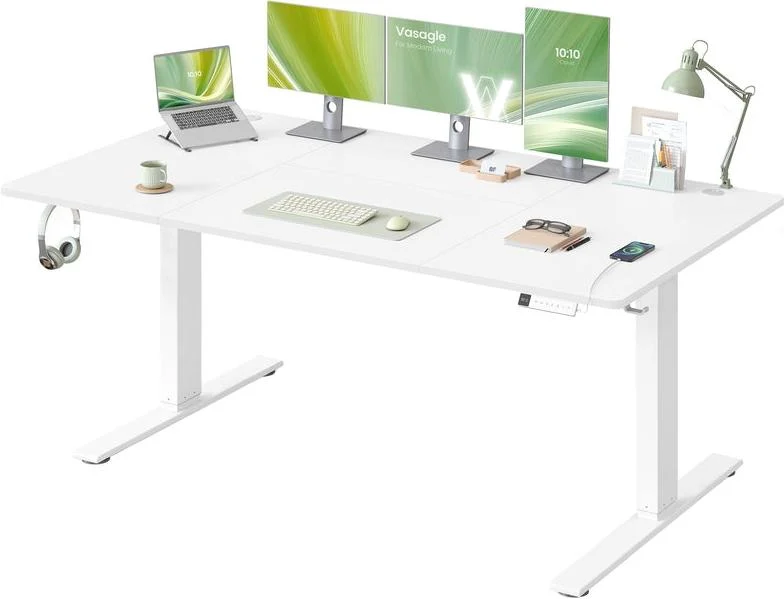 Bureau électrique réglable en hauteur 180 x 80 cm avec port USB et fonction mémoire pour télétravail en aggloméré blanc 12_0013035