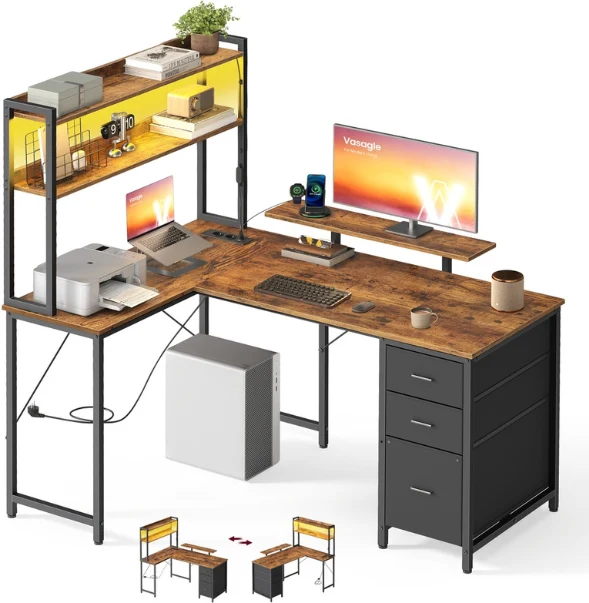 Bureau d'angle moderne avec 3 tiroirs pratique 140 x 100 x 150 cm en panneaux de particules marron 12_0012818