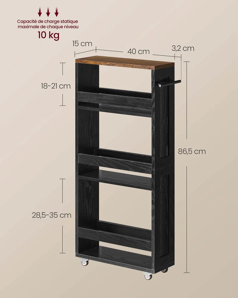 Chariot de rangement fin à 4 niveaux pour cuisine et salle de bain 15 x 43 x 86 cm en panneau d'aggloméré noir 12_0012712