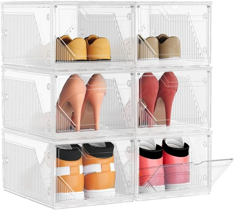 Lot de 6 boîtes à chaussures empilables rangement transparent 36 x 26 x 19 cm en plastique blanc 12_0012634